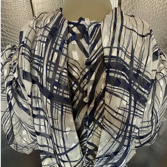 1970s Vintage Mignon Paris Chiffon Dress Women 10 Blue White Abstract Pattern - Picture 5 of 10